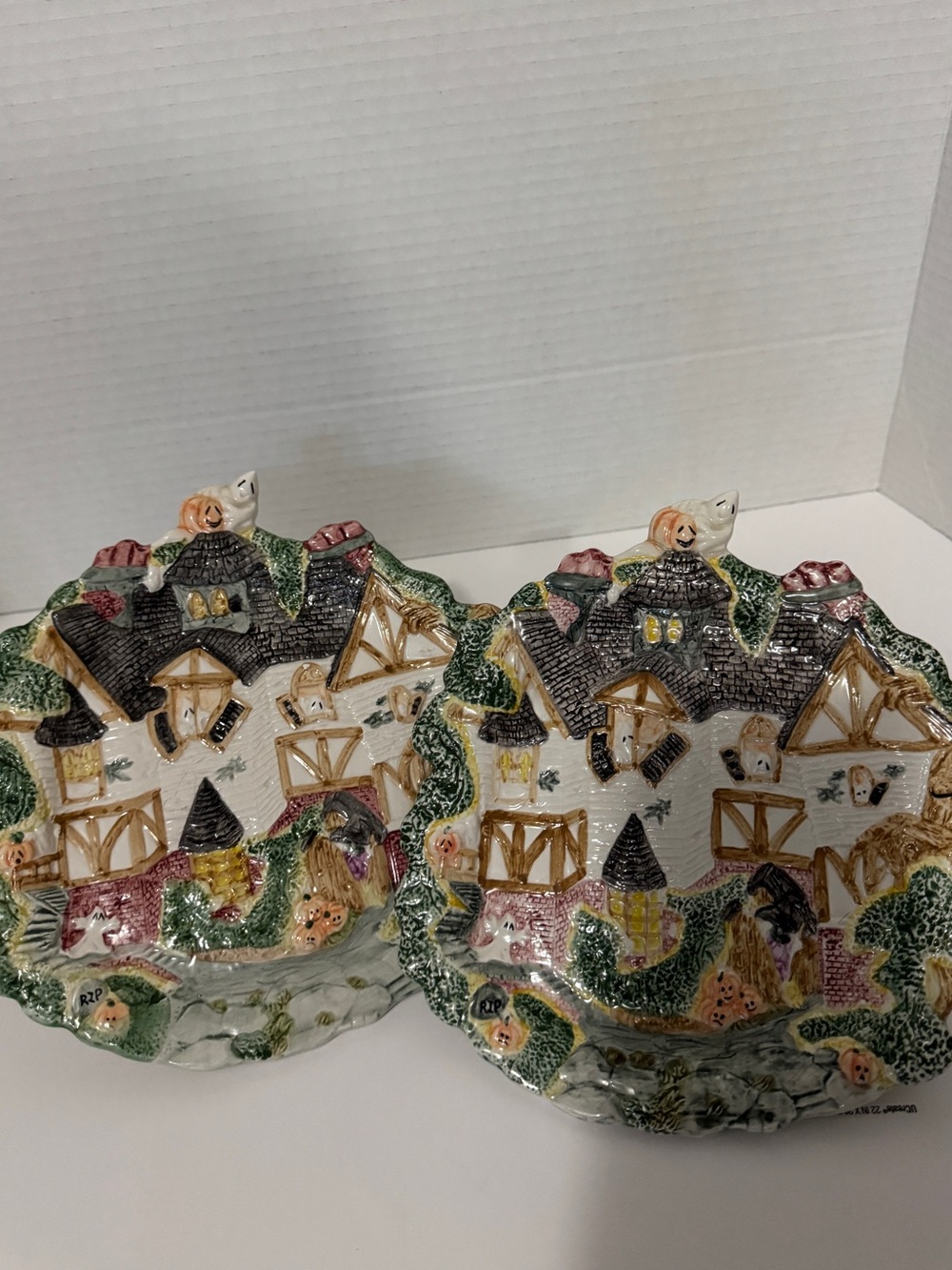 Vintage 1993 Fitz and Floyd Omnibus Haunted House Halloween Canape Plates - Set